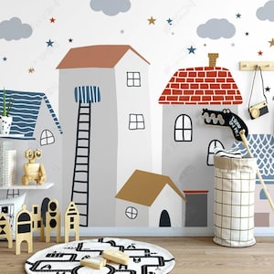 Papier peint mural pour chambre d'enfant, maisons de dessin animé, ville, crèche, décoration murale pour enfants