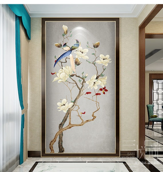 細かい筆遣いのシノワズリ鳥と花の壁紙壁画、壁ポーチ廊下の壁紙 細かい筆遣いのシノワズリ鳥と花の壁紙壁画、壁ポーチ廊下の壁紙
