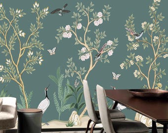 Vintage Chinoiserie Wallpaper Mural: Botanical Garden, Crane, Birds