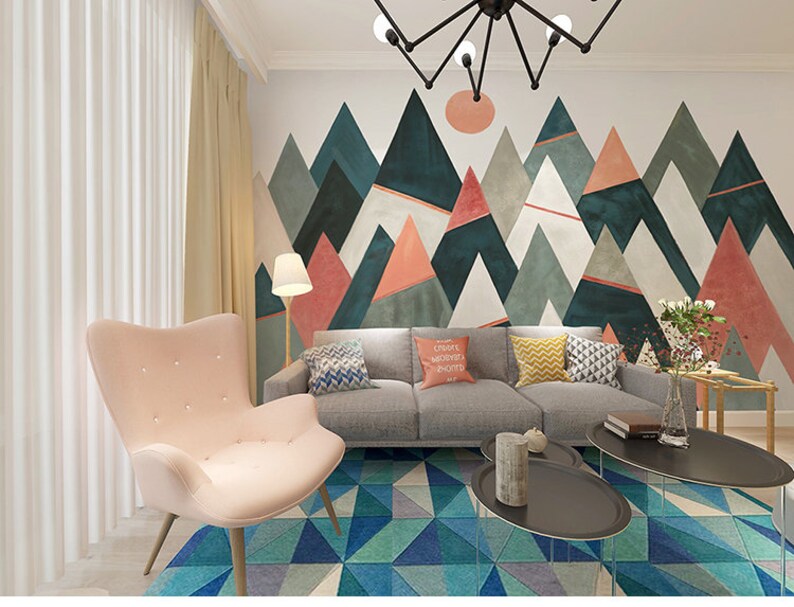 Geometric Mountains with Sun Geometric Wallpaper Wall Mural Modern Simple Design with Lines Space Triangle Geometric Wall Mural Wall Decor