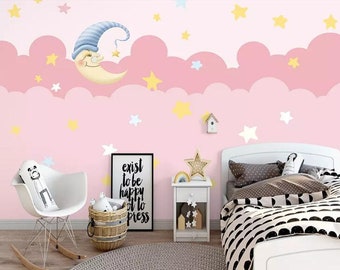 Pink Girls' Clouds Stars Moon Nursery Wallpaper Wall Mural, Lovely Pink Clouds Girls' Moon Stars At Night Wall Mural Wall Decor