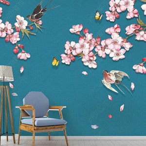 Mural de parede de flores e pássaros de begônia chinesa