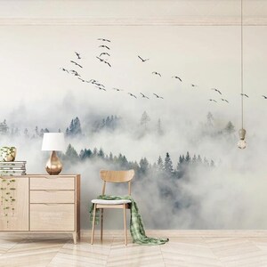 Birds Pine Forest Clouds Landscape Wallpaper Wall Mural, Misty Forest Landscape Wall Mural Wall Decor image 2