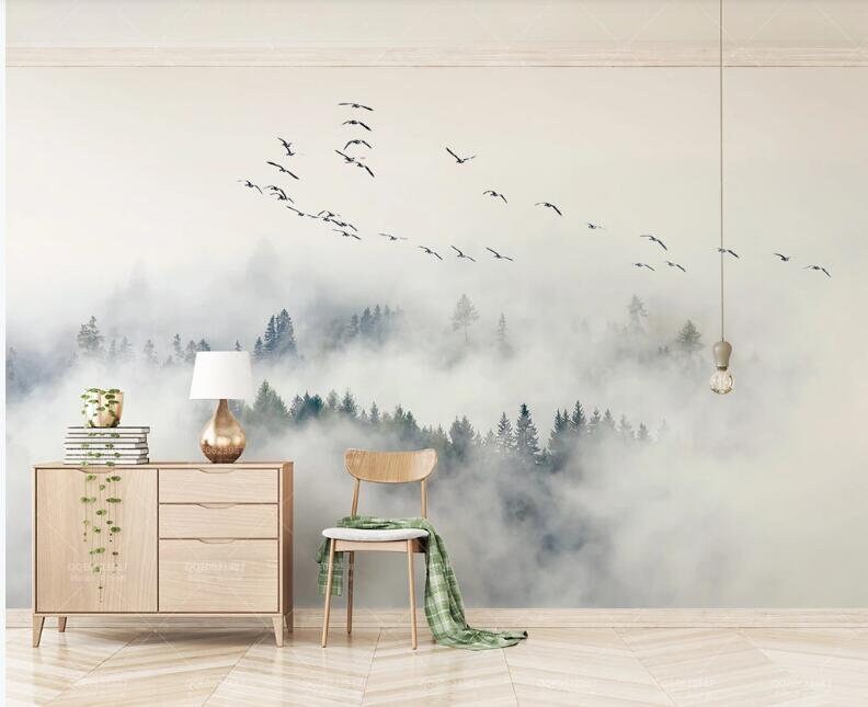 Birds Pine Forest Clouds Landscape Wallpaper Wall Mural Misty | Etsy