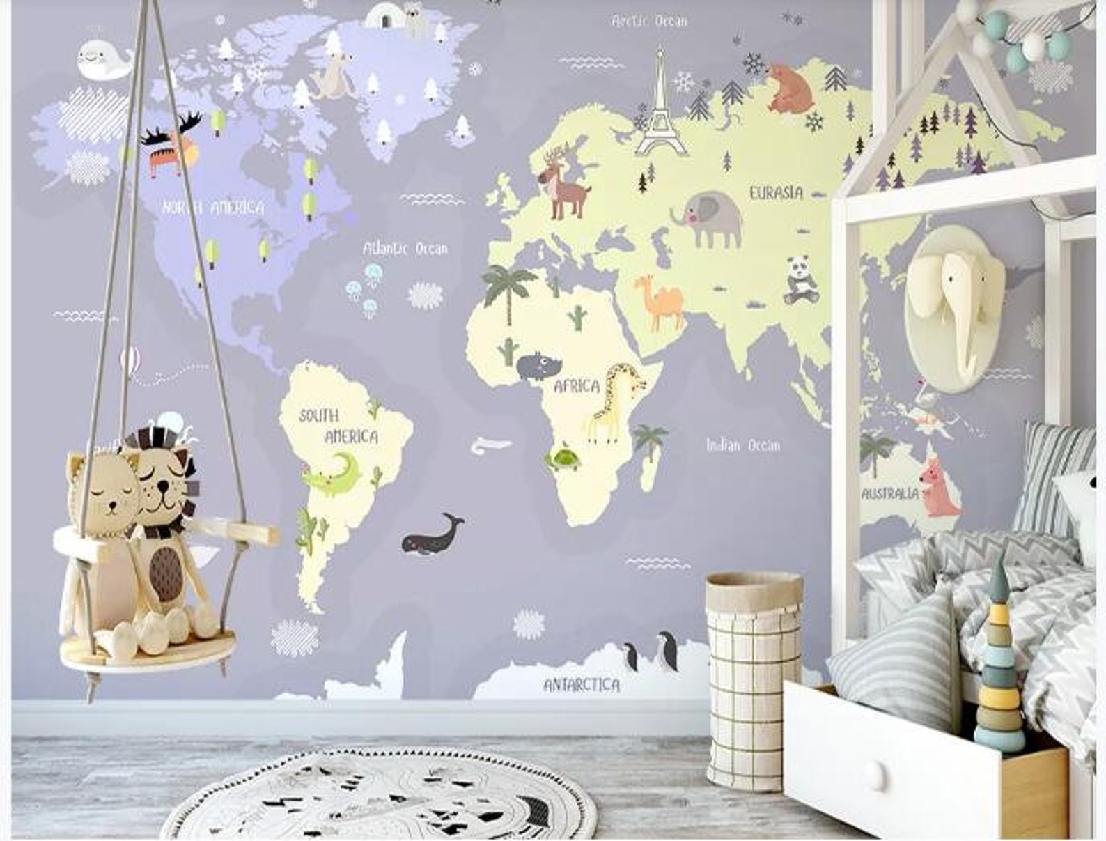 Hand Painted World Map Nursery Wallpaper Wall Mural World Map - Etsy