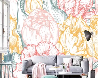 Watercolor Tulips Flowers Wallpaper, Spring Sketch Lines Floral Wall Mural