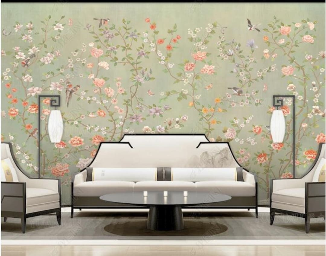 Chinoiserie Cherry Blossom Wallpaper Mural: Birds & Vines Wall Decor - Etsy