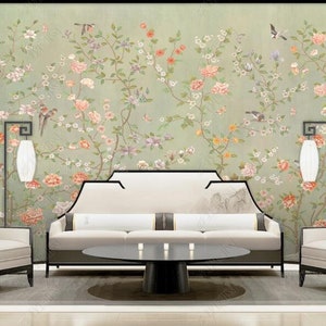 Chinoiserie Cherry Vines Wallpaper Wall Mural, Beautiful Cherry Branches with Birds Chinoiserie Wall Mural Wall Decor