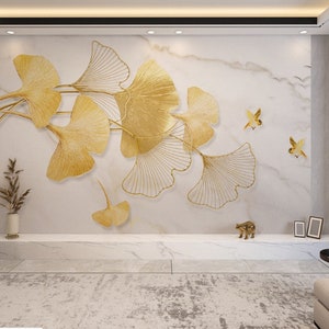 Chinoiserie Ginkgo Wallpaper Wall Mural, Ginkgo Leaf Wall Mural Wall Decor