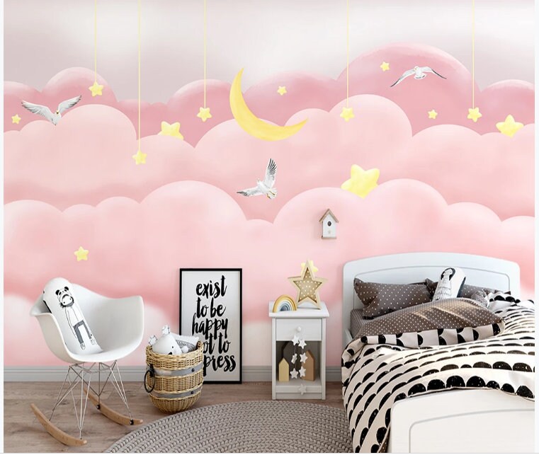 Pink Clouds With Stars Wallpaper Wall Mural Pink Clouds | Etsy