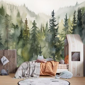 Watercolor Fir Trees Forest Nursery Wallpaper, Abstract Fir Trees Kid's Room Wall Mural Wall Decor