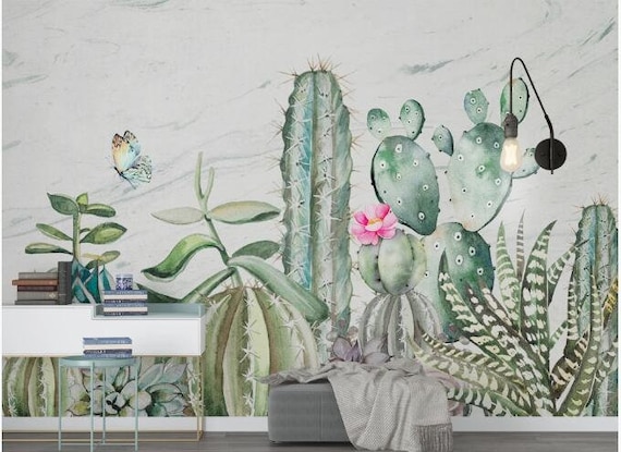 Nordic Watercolor Cactus Wallpaper Wall Mural Fresh Green - Etsy Israel