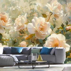 Papel pintado al óleo con rosas florales - Mural autoadhesivo