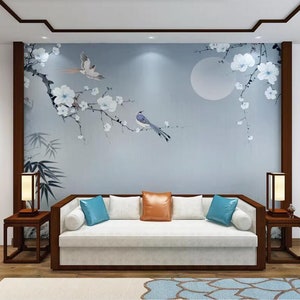 Feine Brushwork Chinoiserie Wallpaper Wandbild, Blauer Hintergrund Kirschzweige Vögel Wandbild Wanddekor