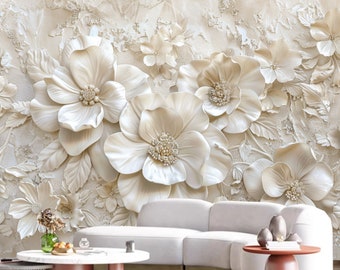 Abstract Background with Decorative Plaster Texture Volumetric Flowers Wallpaper Wall Mural, Flowers Wall Art Wall Decor