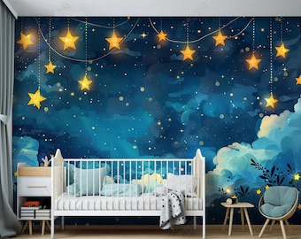 Cartoon Dreamy Starry Sky Blue Clouds Nursery Wallpaper Wall Mural