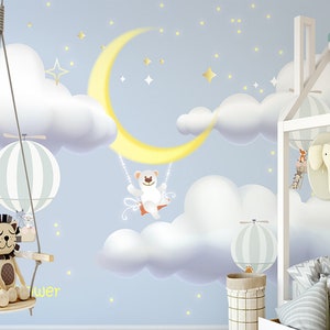 Ours de beau dessin animé enfants peinture murale mur de papier peint chambre d’enfant, à la main peint enfants nuages étoile lune murale, enfants chambre Cartoon murale