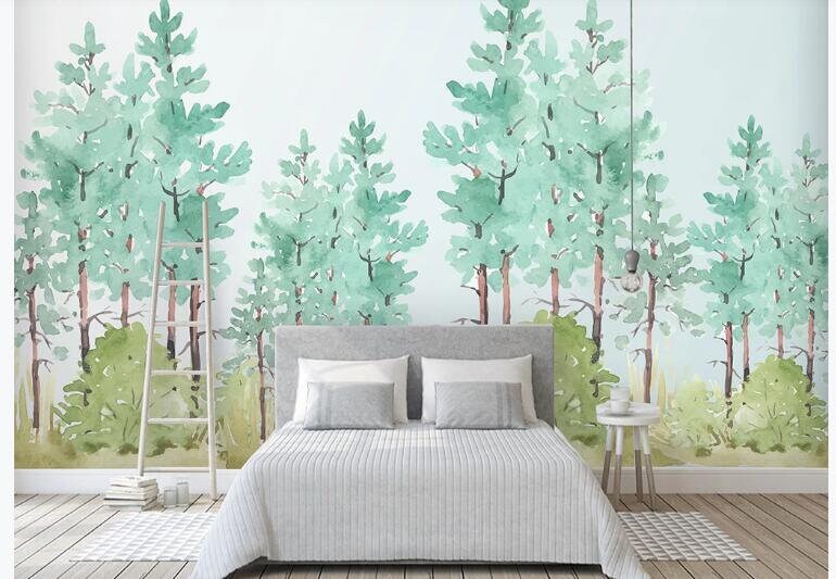 Watercolor Hand Painted Green Trees Nursery Wallpaper Wall | Etsy