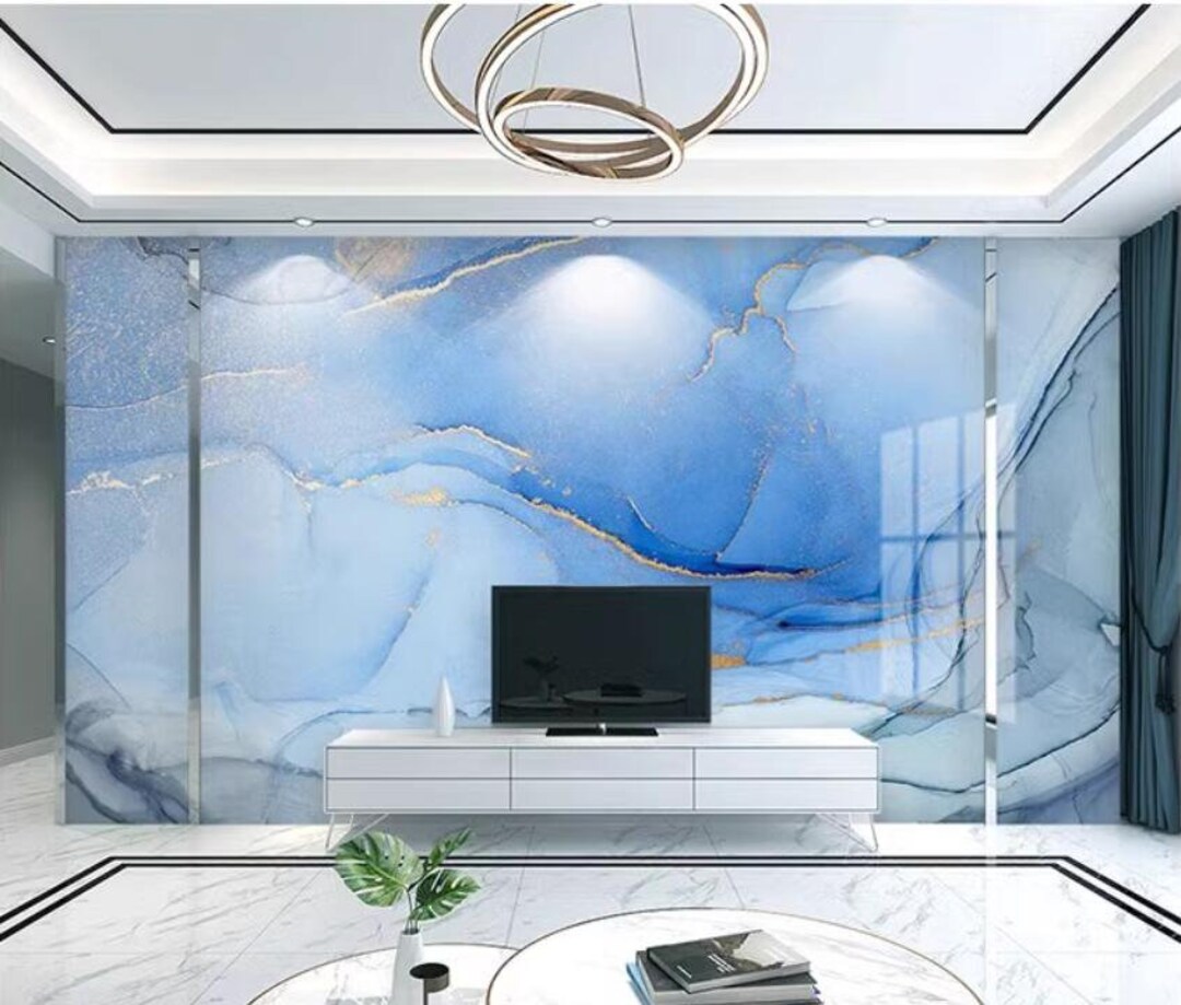 Modern Blue Marble Wallpaper Wall Mural, Bedroom Living Room Abstract ...