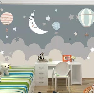 Papier peint ciel étoilé lune la nuit, dessin animé nuages ballons étoiles chambre d'enfants décoration murale