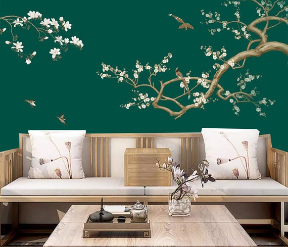 Chinoiserie Cherry Blossom Wallpaper Mural: Dark Green Flowers