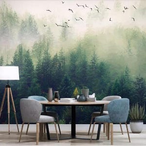 Oil Painting Green Plants Landscape Wallpaper Wall Mural, Misty Forest Green Trees with Flying Wild Gooses Scenic Forest Nature Wall Mural