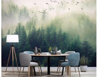 Green Forest Wallpaper Mural: Misty Trees, Flying Geese Scenic Wall Art