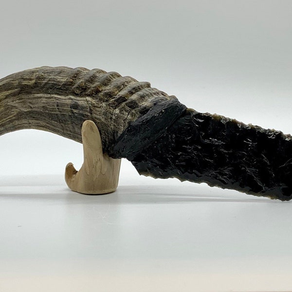 Knife Primitive Style Handmade and Hand Obsidian Knapped knife Horn