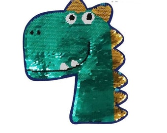 Pailletten Patch Aufnäher Dino Dinosaurier grün-gold Wechselpailletten