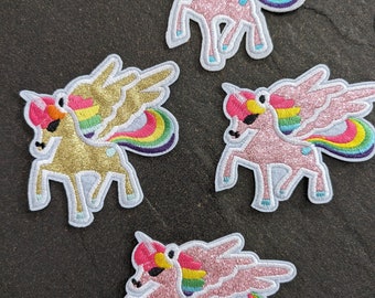 Patch Aufnäher Einhorn Regenbogen Glitzer bunt in zwei Farben auch zum bügeln