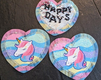 Pailletten Patch Aufnäher Herz Einhorn Wendepailletten groß Regenbogen