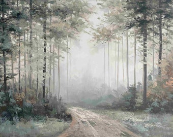 Original Oil Painting: Foggy Forest Path Canvas Art