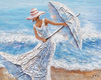 海辺の女性 油絵 ビーチで夢見る少女 アート風景画 キャンバス 彼女の