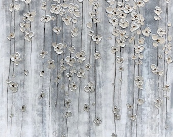 Hand-Painted Abstract Floral Oil Painting: Ethereal Silver Blossoms Canvas Art
