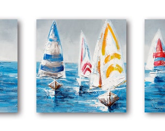 Sailing Colors – Nautical Sailboat Triptych Painting on Canvas, Coastal Wall Art Set