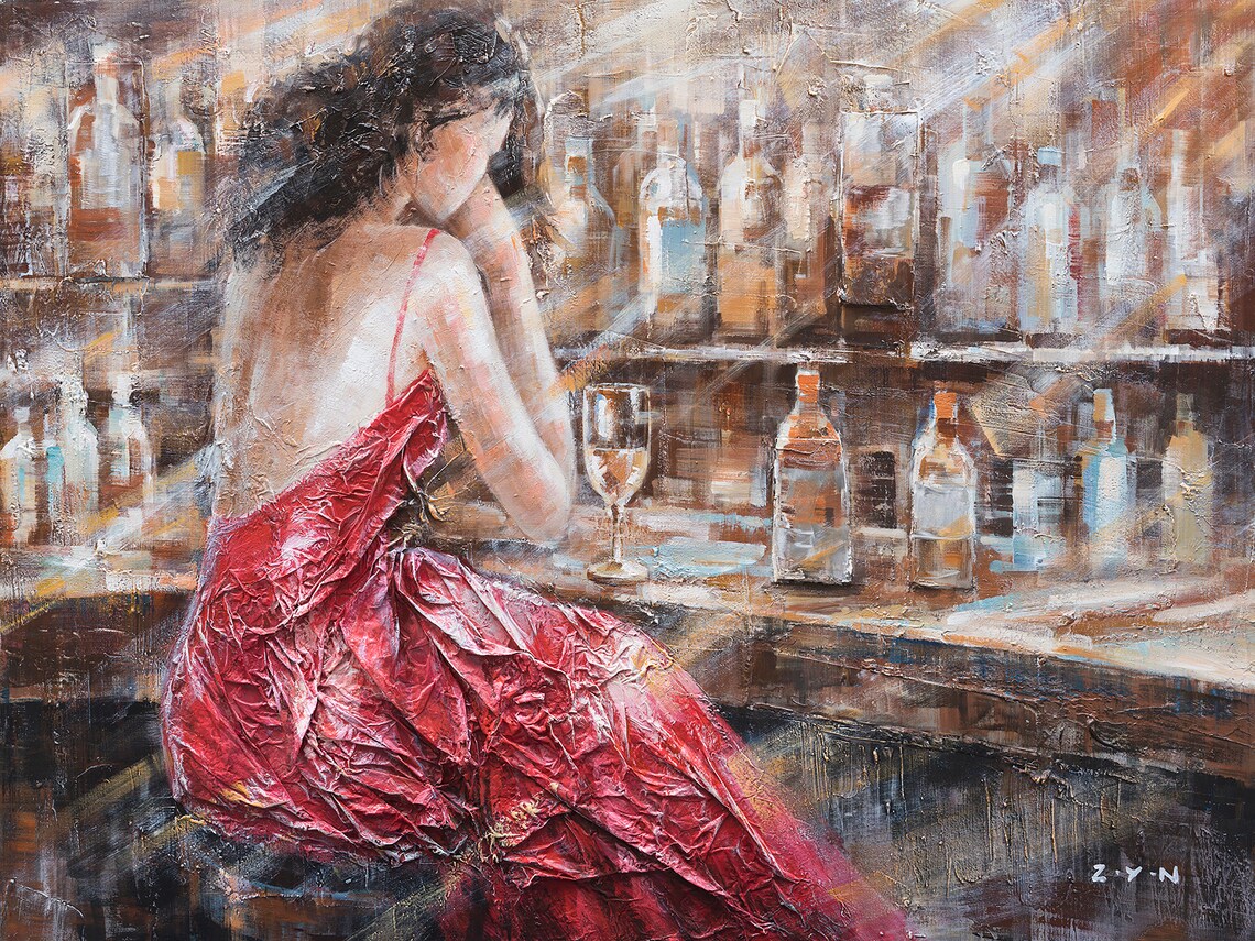 Original handpainted art Girl in front of the bar Etsy