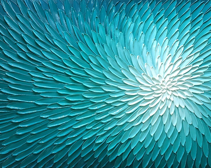 Featured listing image: Abstract Hand-painted Blue Lotus 3D Texture Oil Painting - Original Wall Art for Living Room, Bedroom, Office | Wrapped Canvas Painting