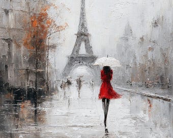 May include: Impressionistic painting of a rainy day in Paris. A person in a red dress and black stockings walks with a white umbrella. The Eiffel Tower is in the background, with muted gray and white tones.