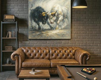Hand-Painted Bull Duel Canvas: Original Rustic Western Wall Art