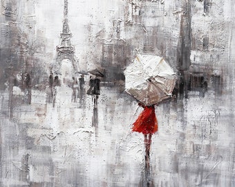 Paris in the Rain Oil Painting: Eiffel Tower, Romantic Street Scene