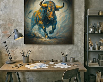 Original Charging Bull Painting: Golden Blue Canvas Art, Modern Wall Decor