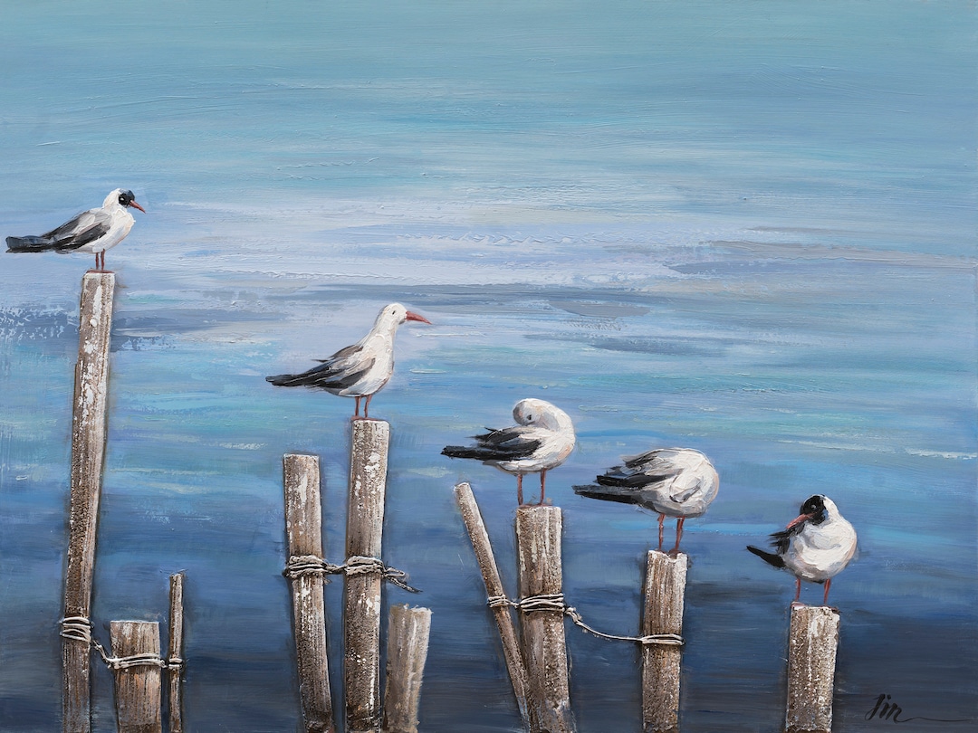 Hand-painted Seagulls Oil Painting: Coastal Ocean Canvas Wall Art - Etsy