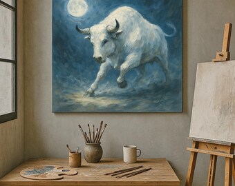 Hand-Painted White Bull Canvas Art: Rustic Western Decor (40x40")