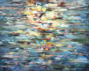 Origineel groot formaat abstracte kunst "Water Memory" Handgemaakt schilderij 48 x 48"- Verpakt canvas