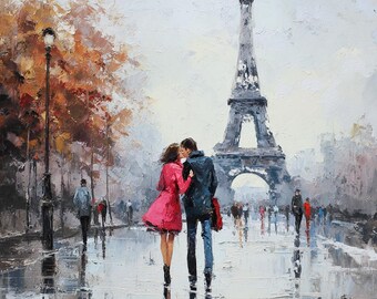 May include: Oil painting of a couple kissing in Paris, with the Eiffel Tower in the background. The painting features a couple in a pink coat and a dark coat, walking on a wet street. The artwork has a romantic theme.