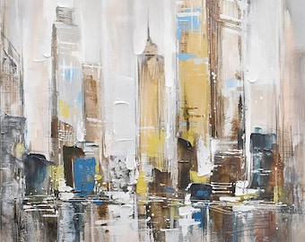 Hand-Painted Cityscape Oil Painting: Modern Canvas Wall Art (30x30 inch)
