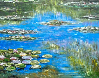 Impressionist Water Lilies Oil Painting: Serene Summer Reflections Canvas Art