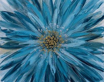 Handgeschilderd olieverfschilderij &quot;Blue Blossom Symphony&quot; originele kunst, canvas muurkunst voor woonkamer, slaapkamer - gewikkeld canvas schilderij