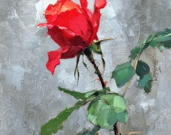 Original Red Rose Oil Painting: Textured Floral Canvas Wall Art