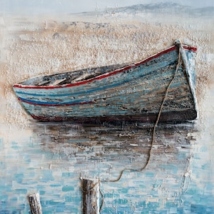 Hand Painted Coastal Art "Blue boat on the beach" painting original, Wall art for living room, bedroom, entryway - Wrapped Canvas Painting